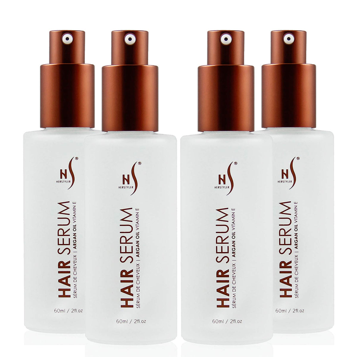 HerStyler Serum 4 Pack bottle closeup highlights frizz-control shine for dry hair