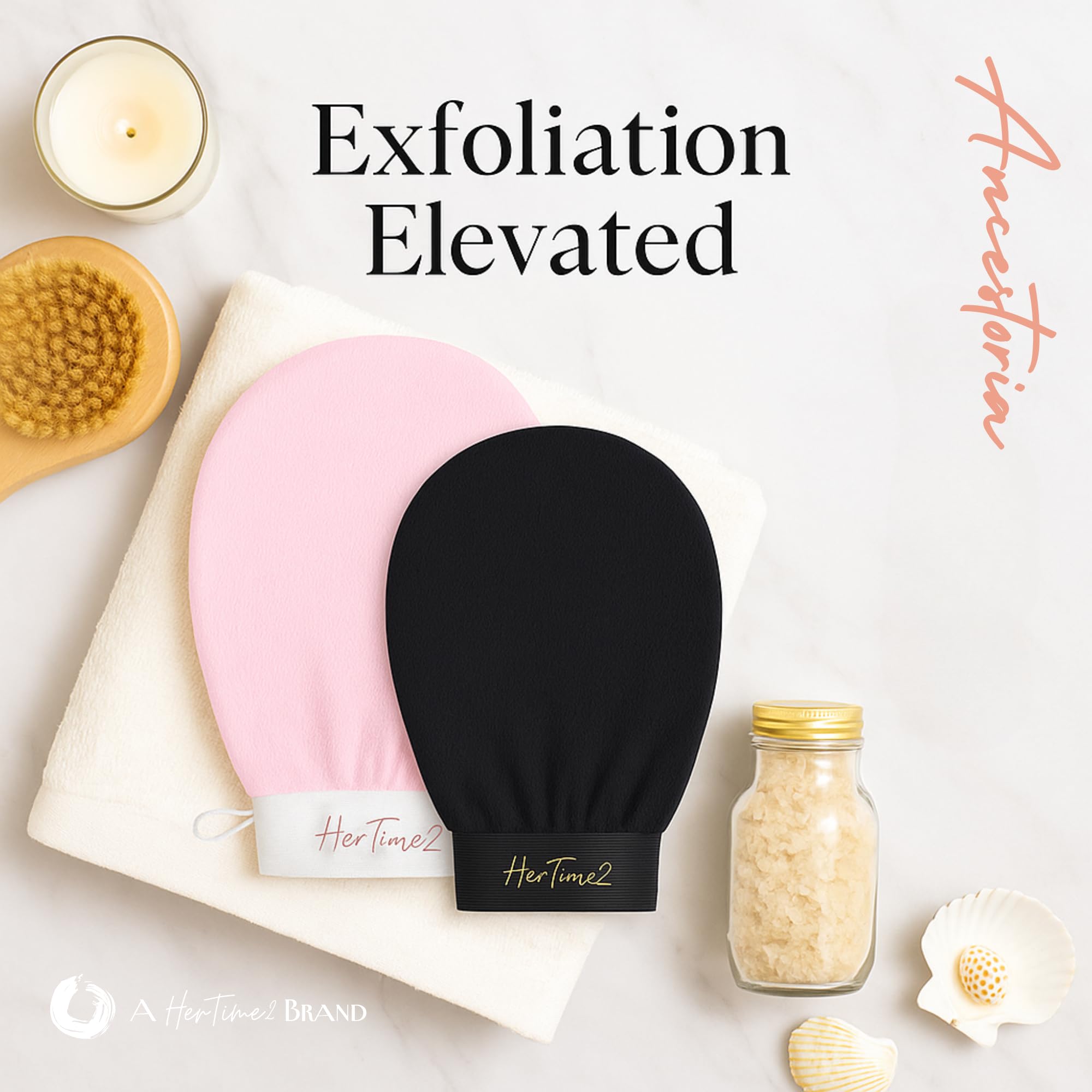 HerTime2 Ancestoria black glove pack for durable, reusable body exfoliation.