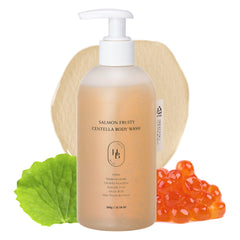 HEVEBLUE Salmon Fruity Centella Body Wash bottle highlights centella blend for sensitive-skin cleansing.