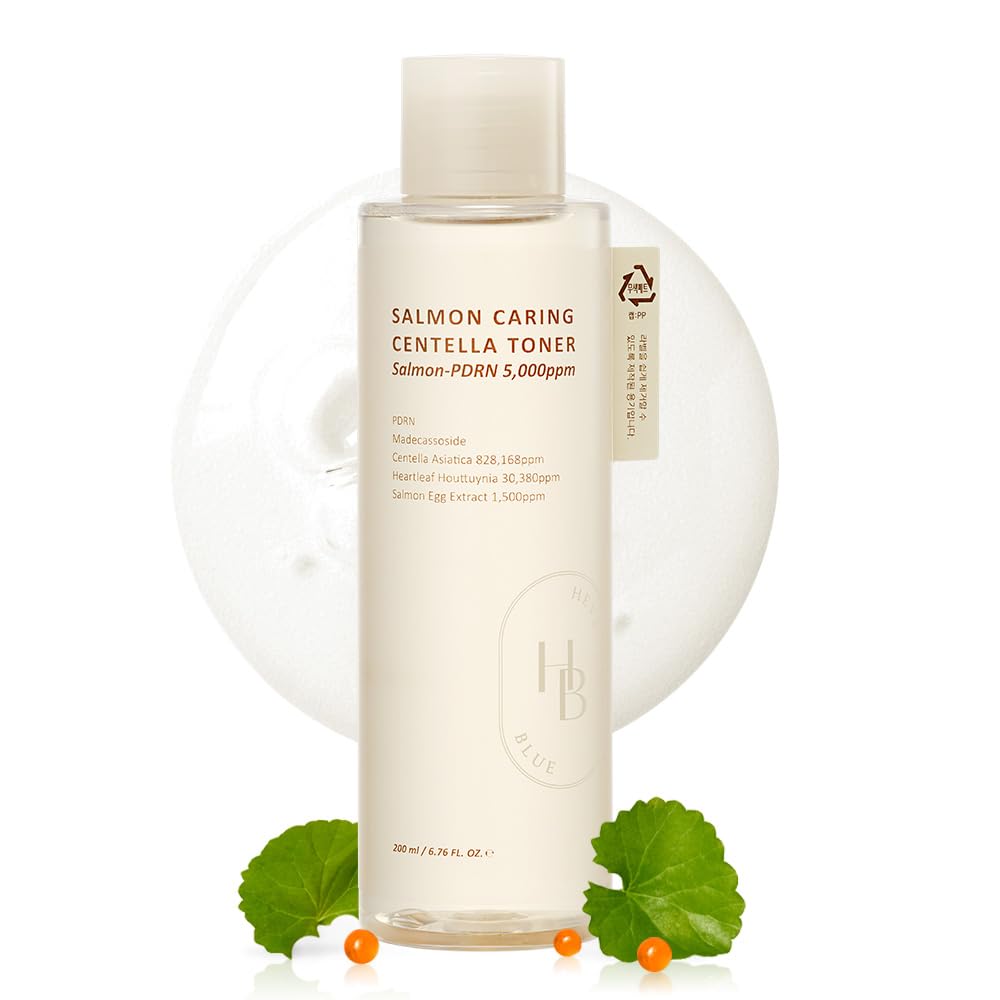 HEVEBLUE Salmon Caring Centella Toner bottle delivers gentle hydration for balanced skin.