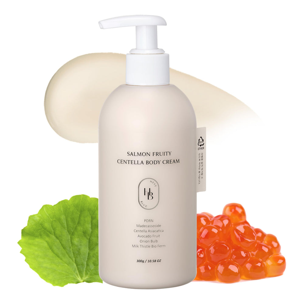 HEVEBLUE Salmon Fruity Centella Body Cream bottle pump delivers lightweight hydration.