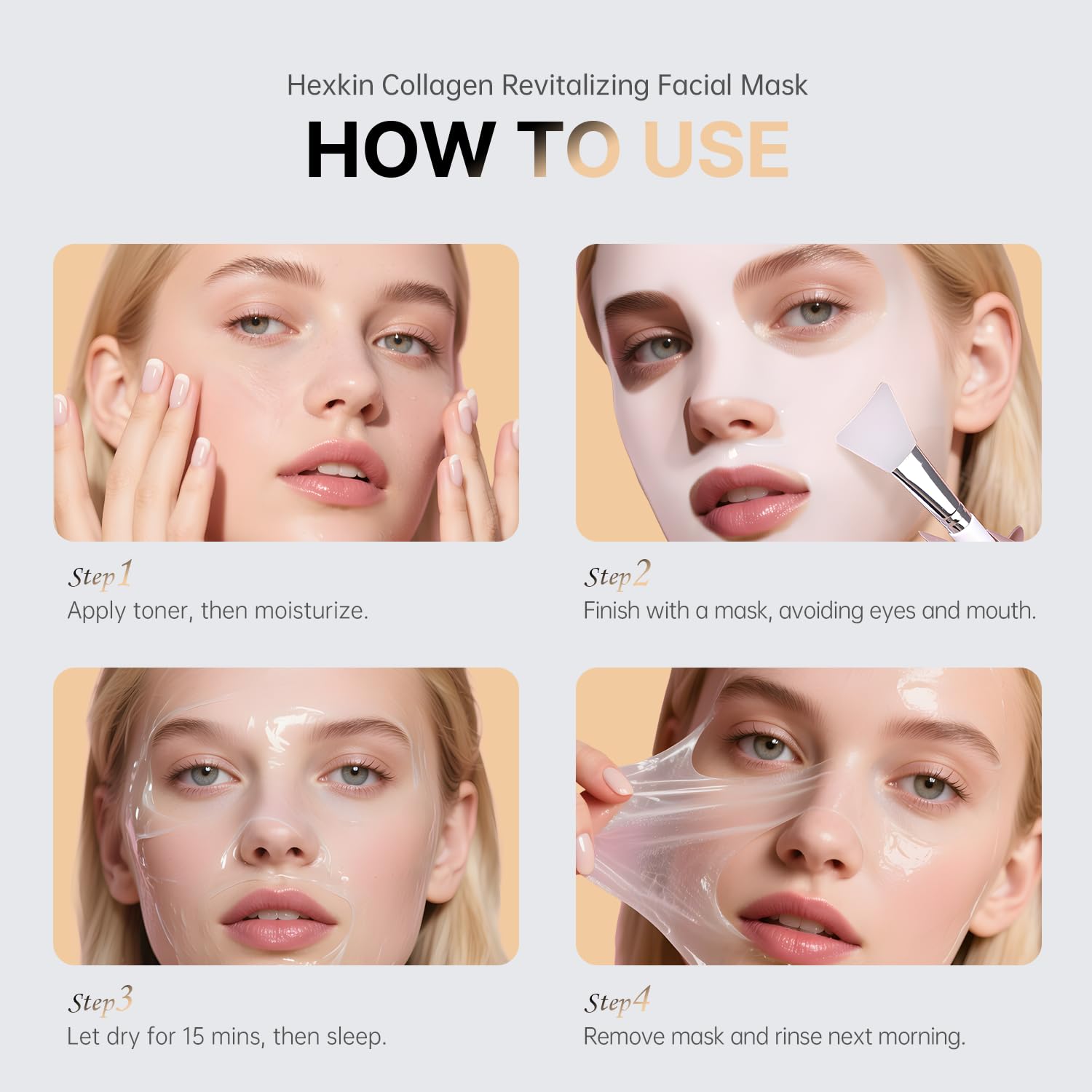 Hexkin Collagen Peel-Off Mask glow-finish image suggests radiant skin after use.