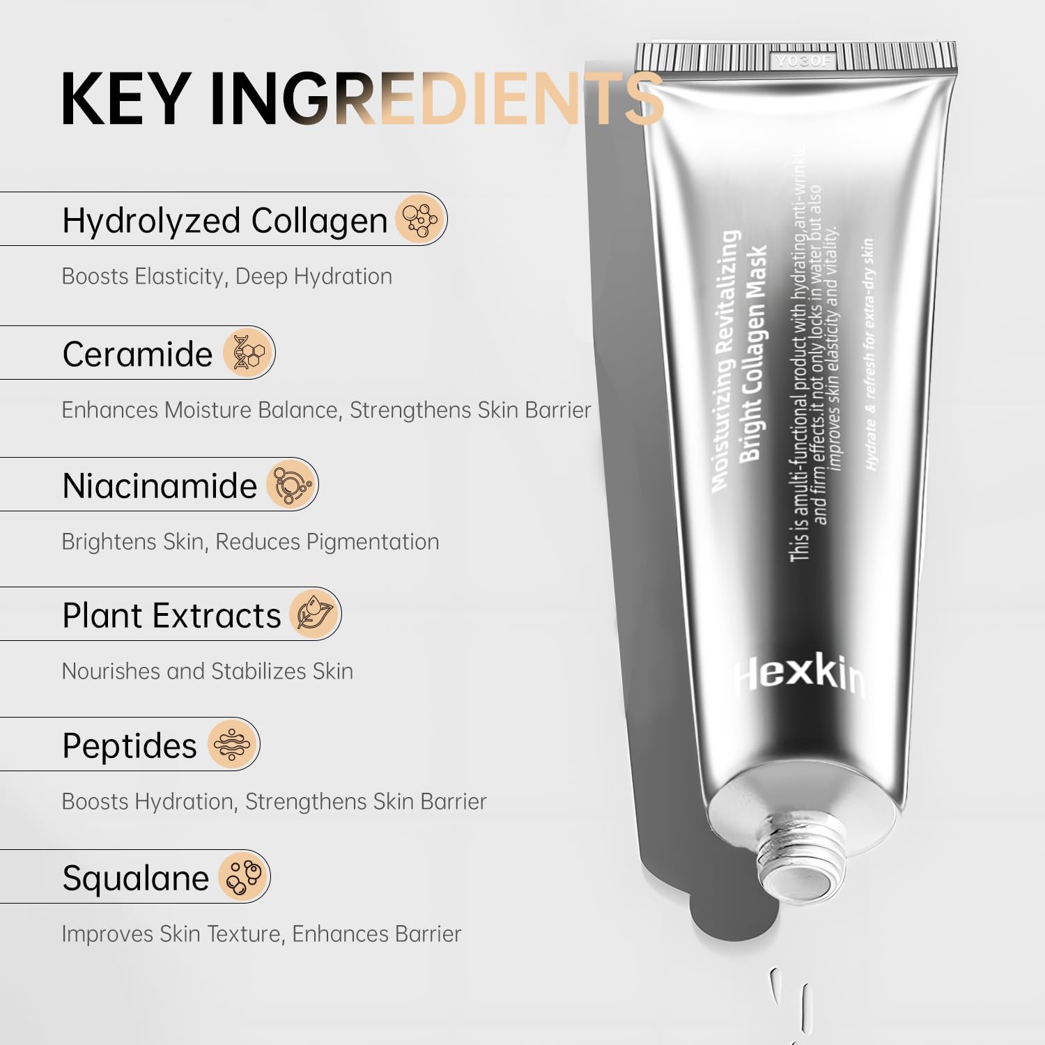Hexkin Collagen Peel-Off Mask jojoba oil closeup highlights nourishing hydration effect.