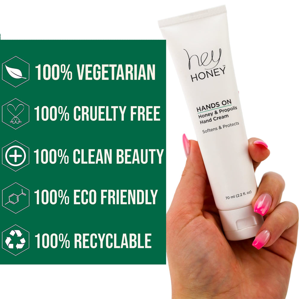 Hey Honey hand cream application close-up shows creamy texture for instant hydration.