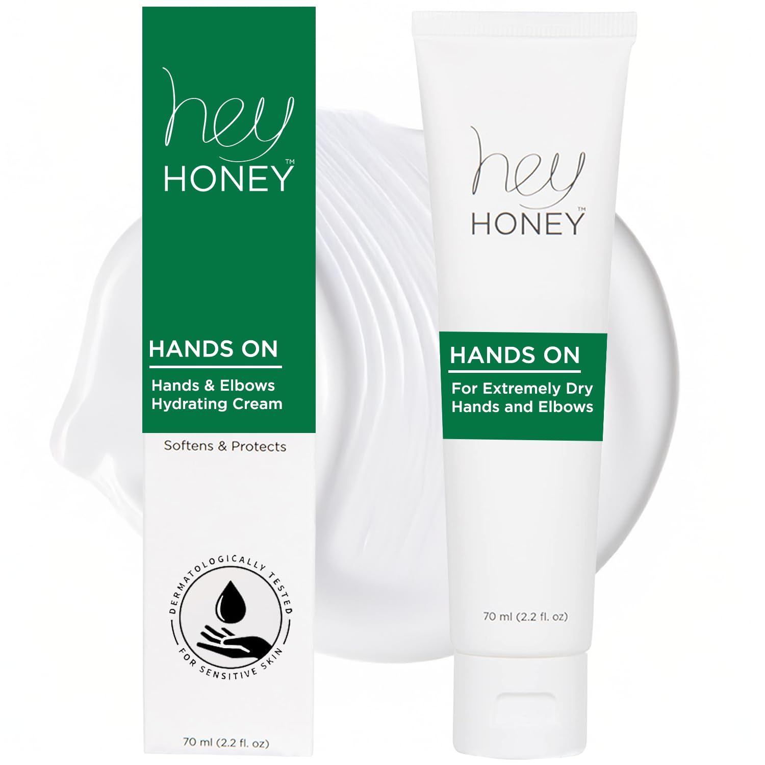 Hey Honey hand cream bottle with pump for fast-absorbing relief.