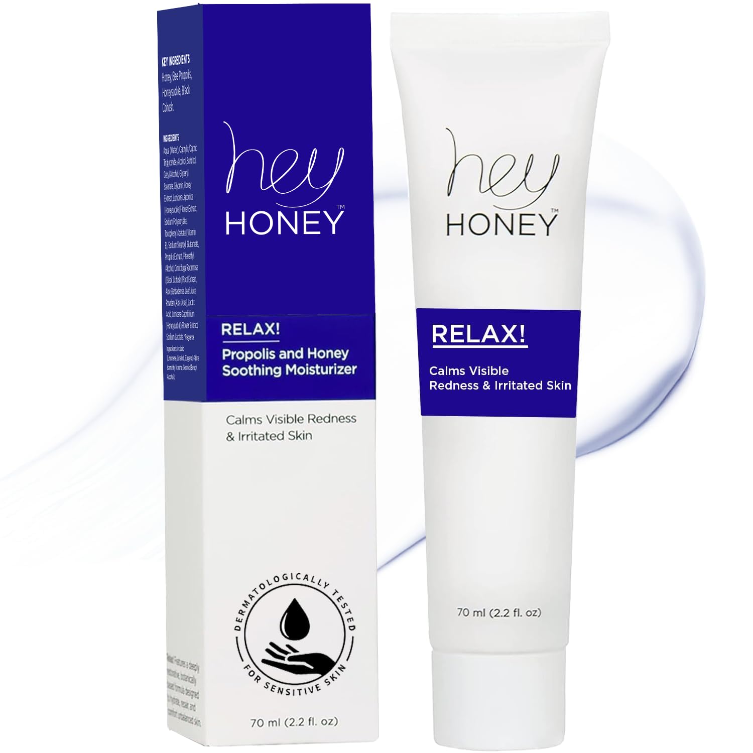 Hey Honey Skincare Relax bottle close-up showing oil-free hydration for sensitive skin.