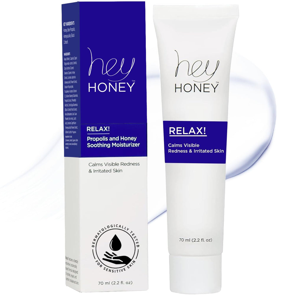 Hey Honey Skincare Relax bottle close-up showing oil-free hydration for sensitive skin.
