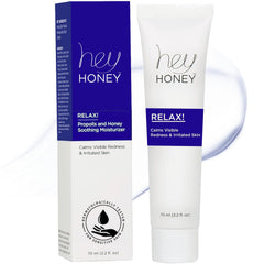 Hey Honey Skincare Relax bottle close-up showing oil-free hydration for sensitive skin.
