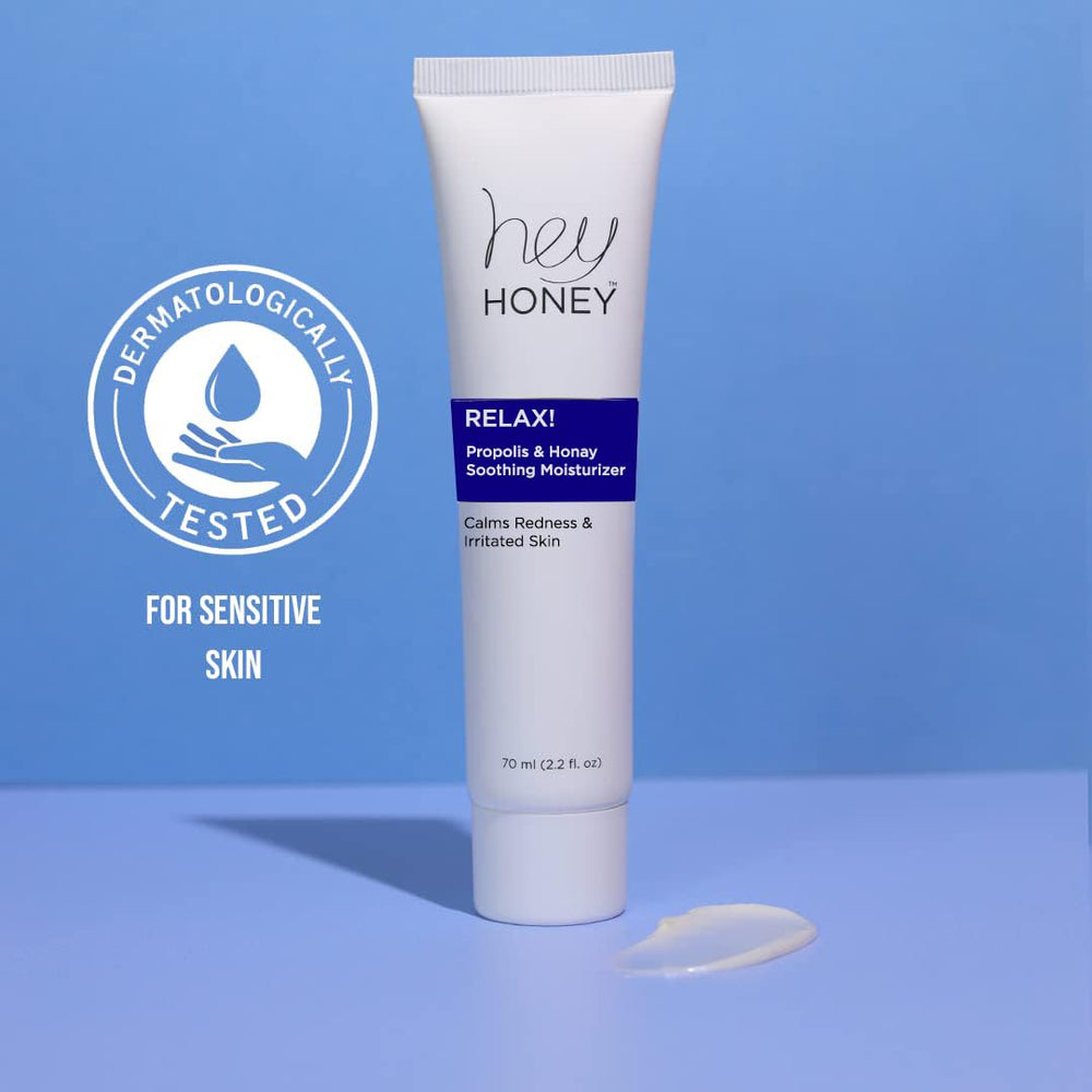 Hey Honey Skincare Relax bottle with pump illustrates lightweight, non-greasy moisture.