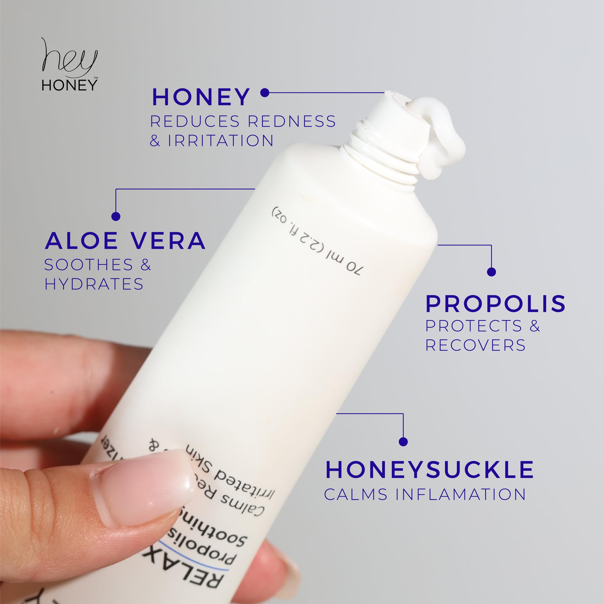 Hey Honey Skincare Relax label emphasizes honey and propolis benefits.