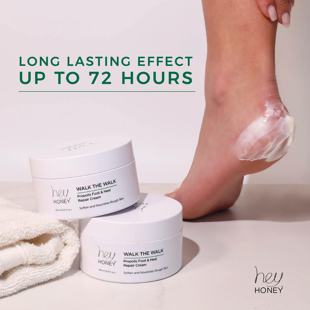 Hey Honey Walk the Walk Propolis Foot Cream application on feet demonstrates smooth absorption
