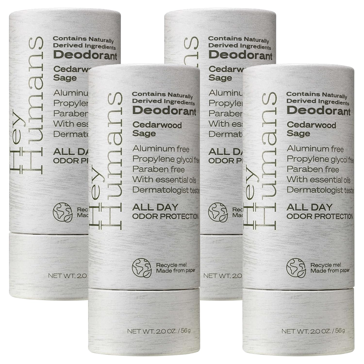 HEY HUMANS aluminum free deodorant bottle with cedarwood sage for all-day freshness.