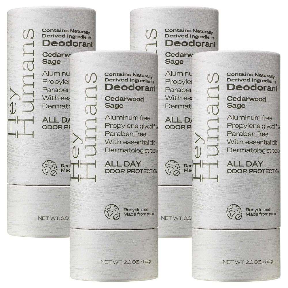 HEY HUMANS aluminum free deodorant bottle with cedarwood sage for all-day freshness.