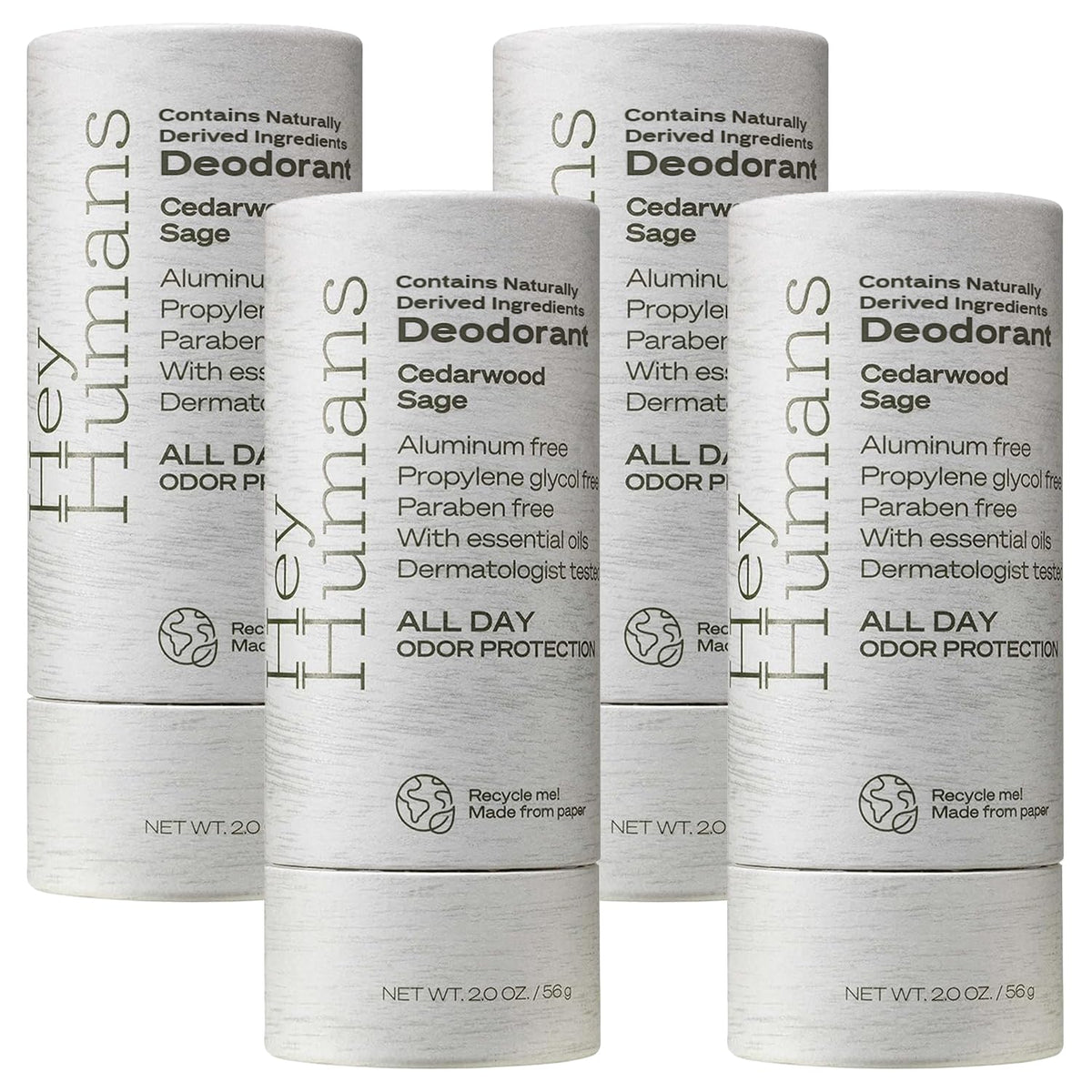 HEY HUMANS aluminum free deodorant bottle with cedarwood sage for all-day freshness.