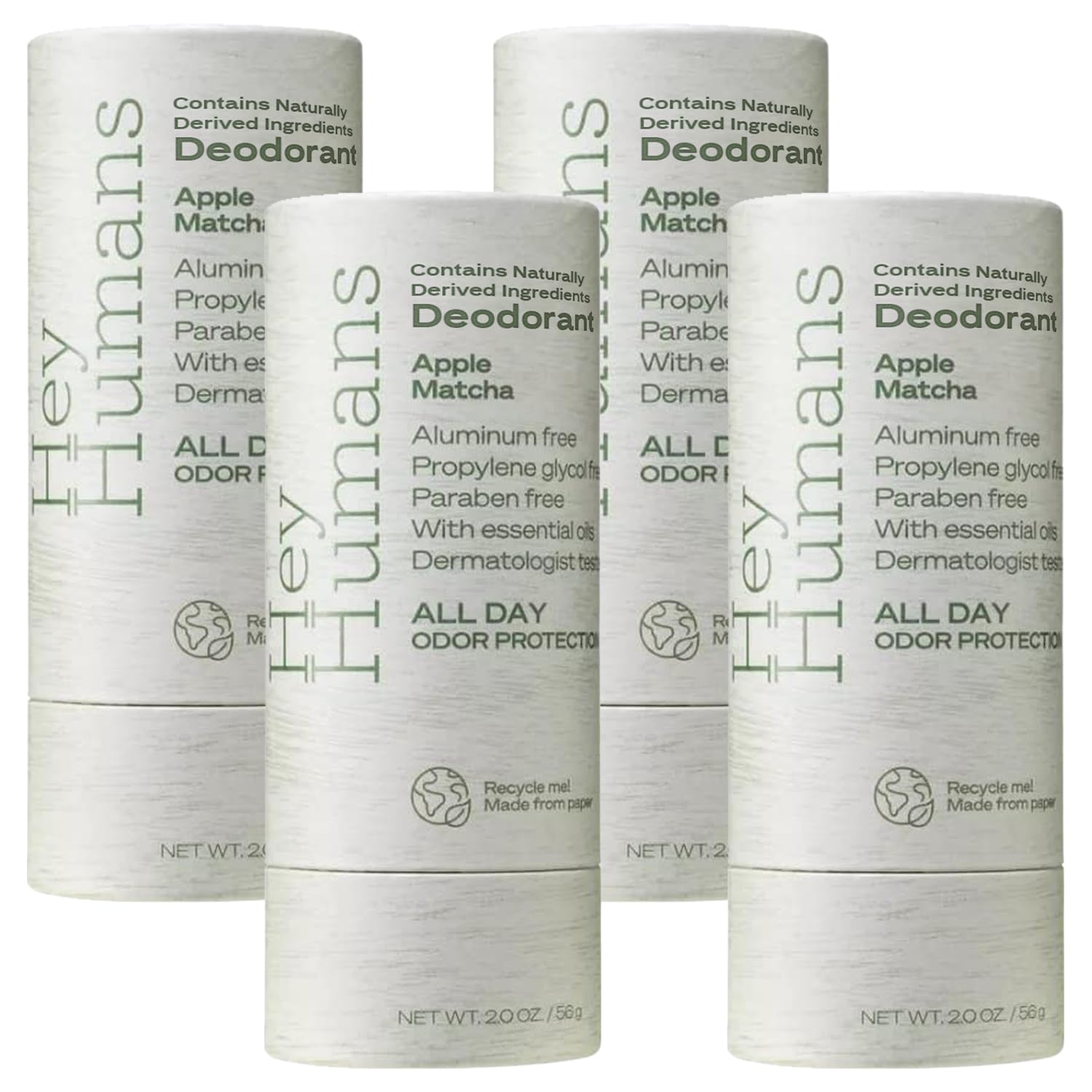 Hey Humans deodorant Apple Matcha packaging highlights sustainable paper packaging for eco-conscious care