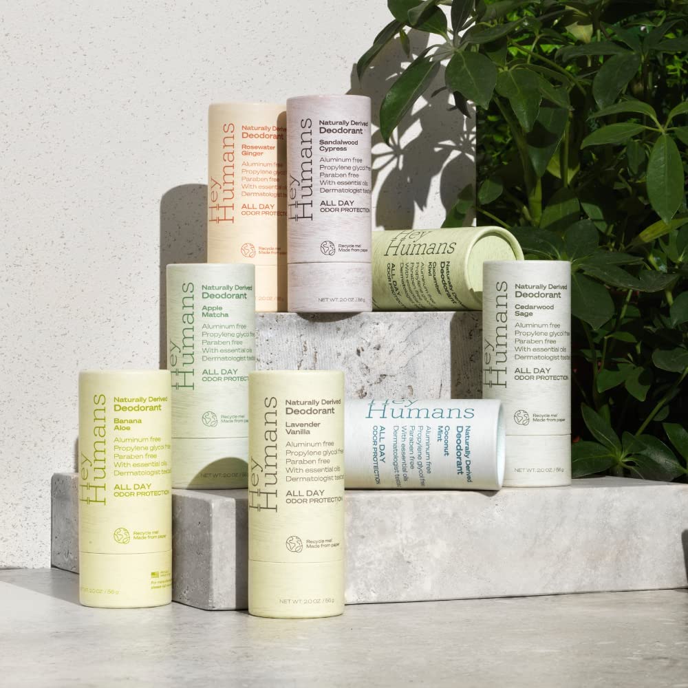 Hey Humans deodorant ingredients panel with coconut oil rosemary arrowroot