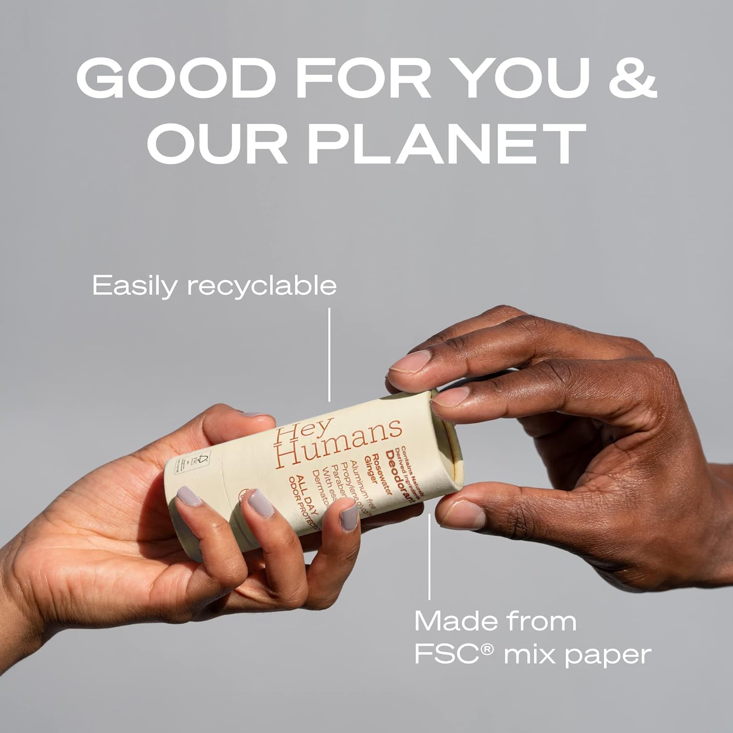 Hey Humans deodorant packaging made from recycled paper packaging