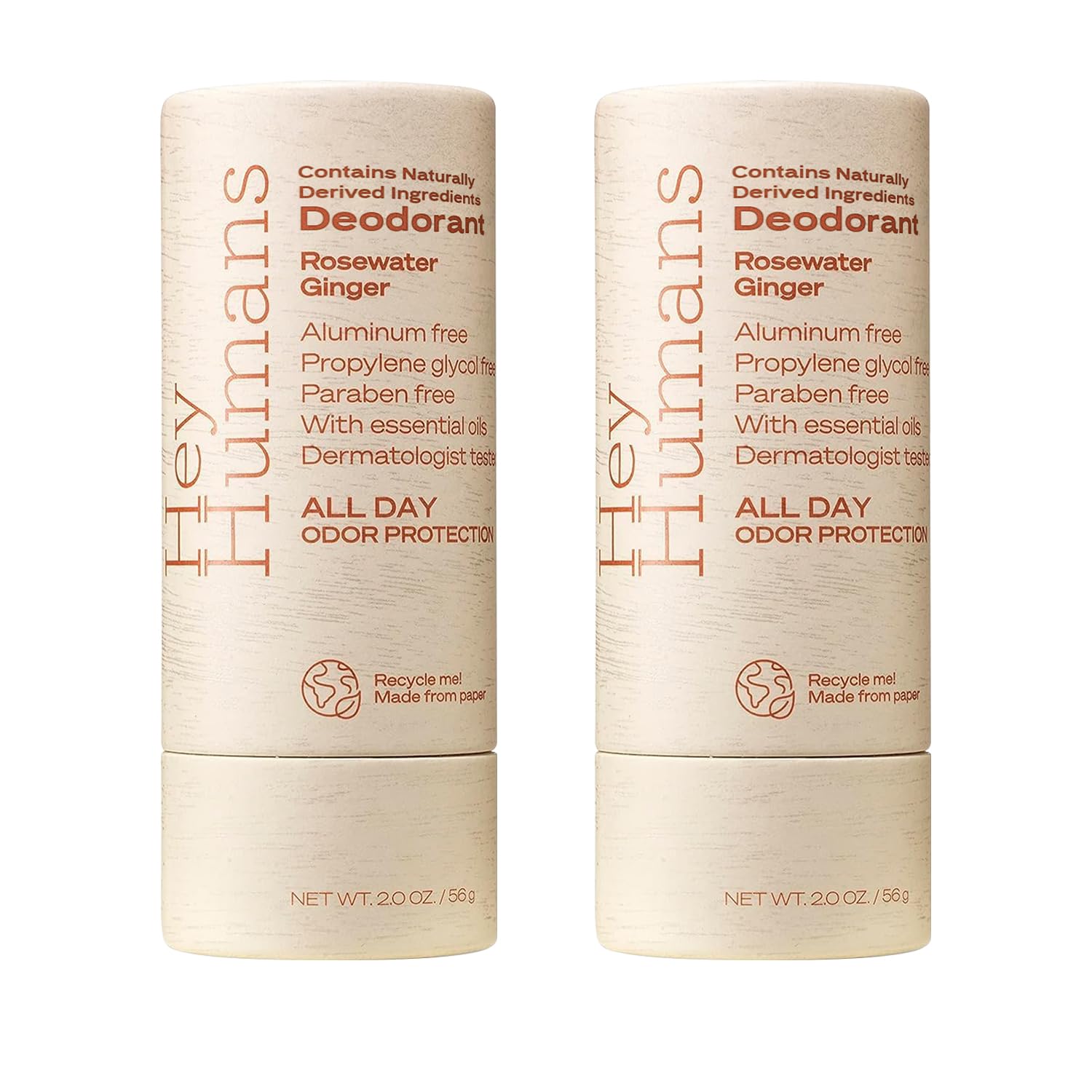 Hey Humans rosewater ginger deodorant bottle showing all-day odor protection