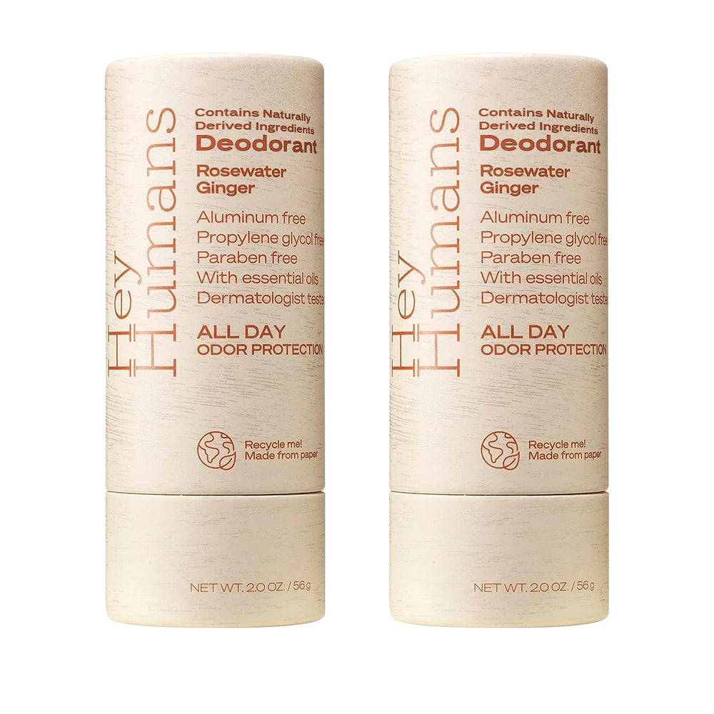 Hey Humans rosewater ginger deodorant bottle showing all-day odor protection