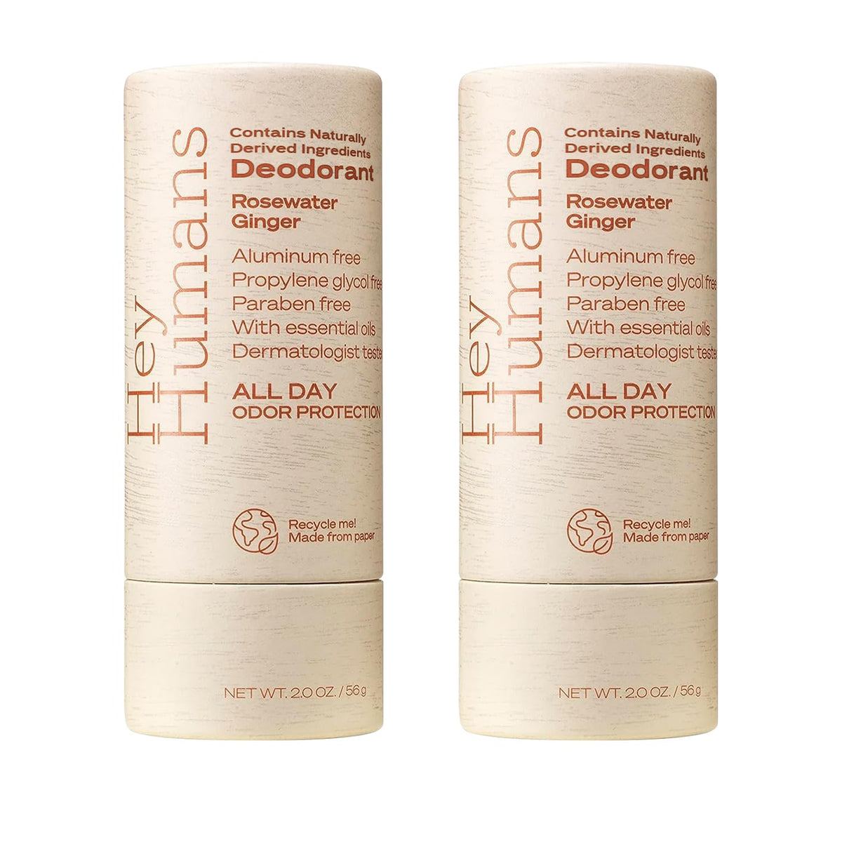 Hey Humans rosewater ginger deodorant bottle showing all-day odor protection