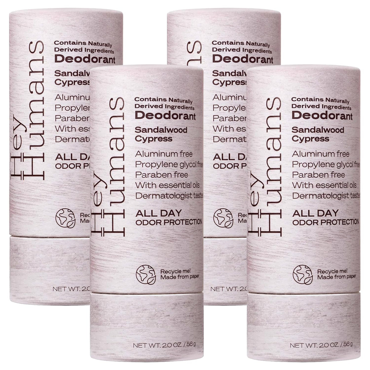 Hey Humans deodorant bottle with sandalwood-cypress for aluminum-free protection
