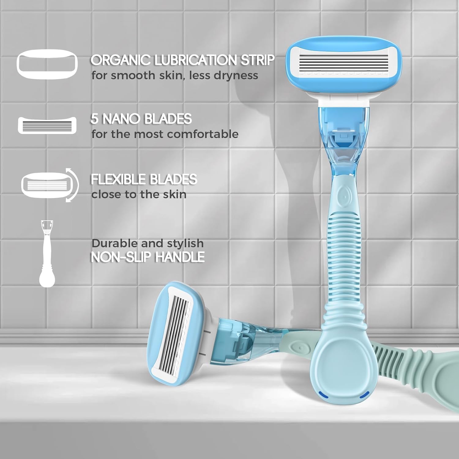HEYAXA razor sky-blue blades highlight five nano blades for smooth results.