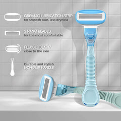 HEYAXA razor sky-blue blades highlight five nano blades for smooth results.