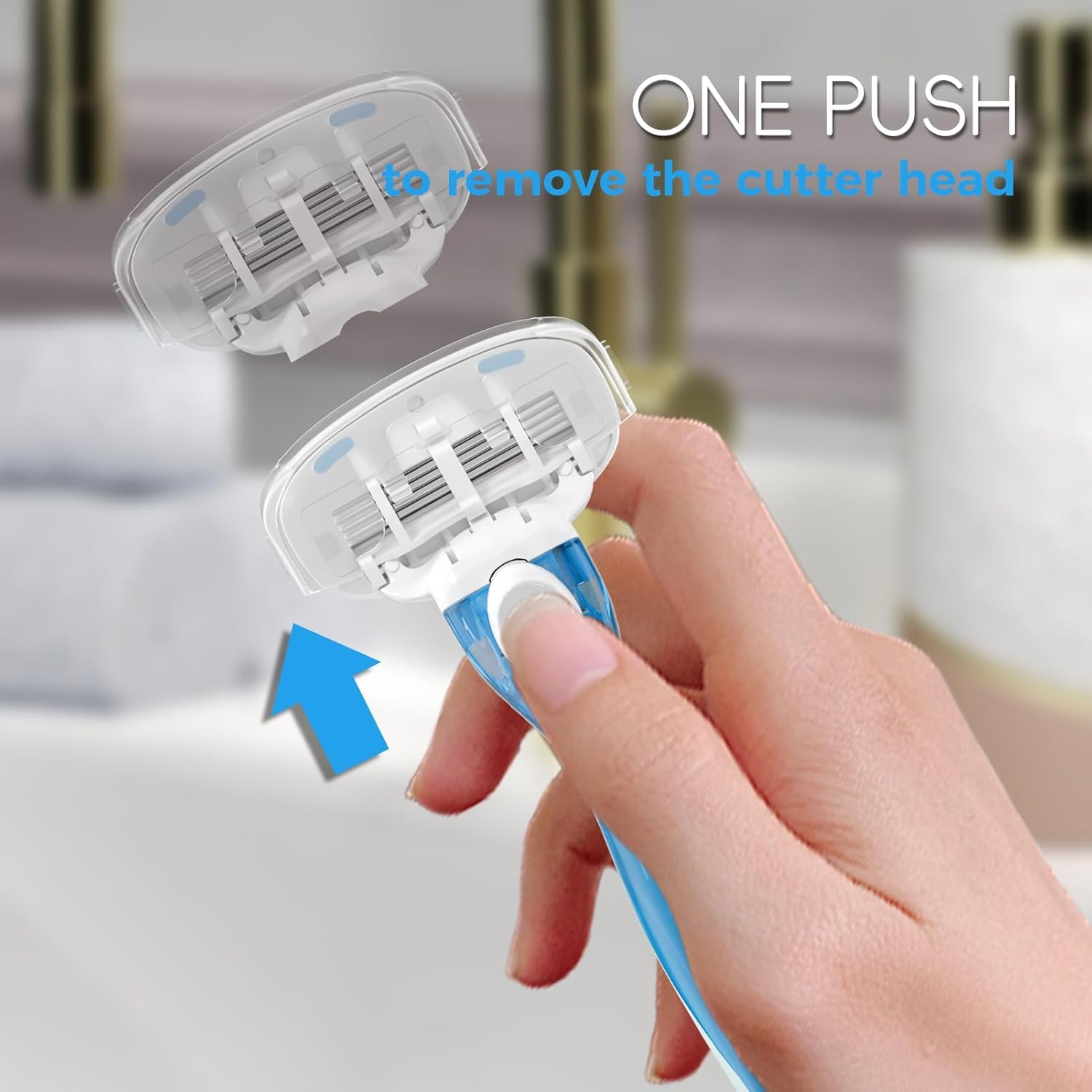 HEYAXA razor sky-blue close-up shows flexible blades contouring to skin.