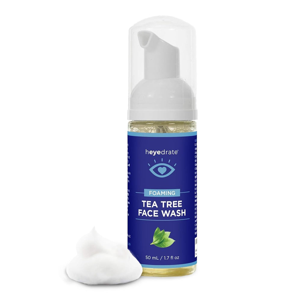 Heyedrate tea tree foaming face wash bottle pump for easy daily eyelid and facial cleansing.