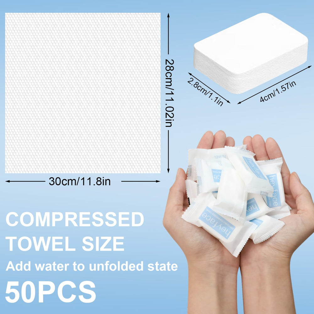 Heyface compressed towel close-up shows soft, absorbent surface for on-the-go use.