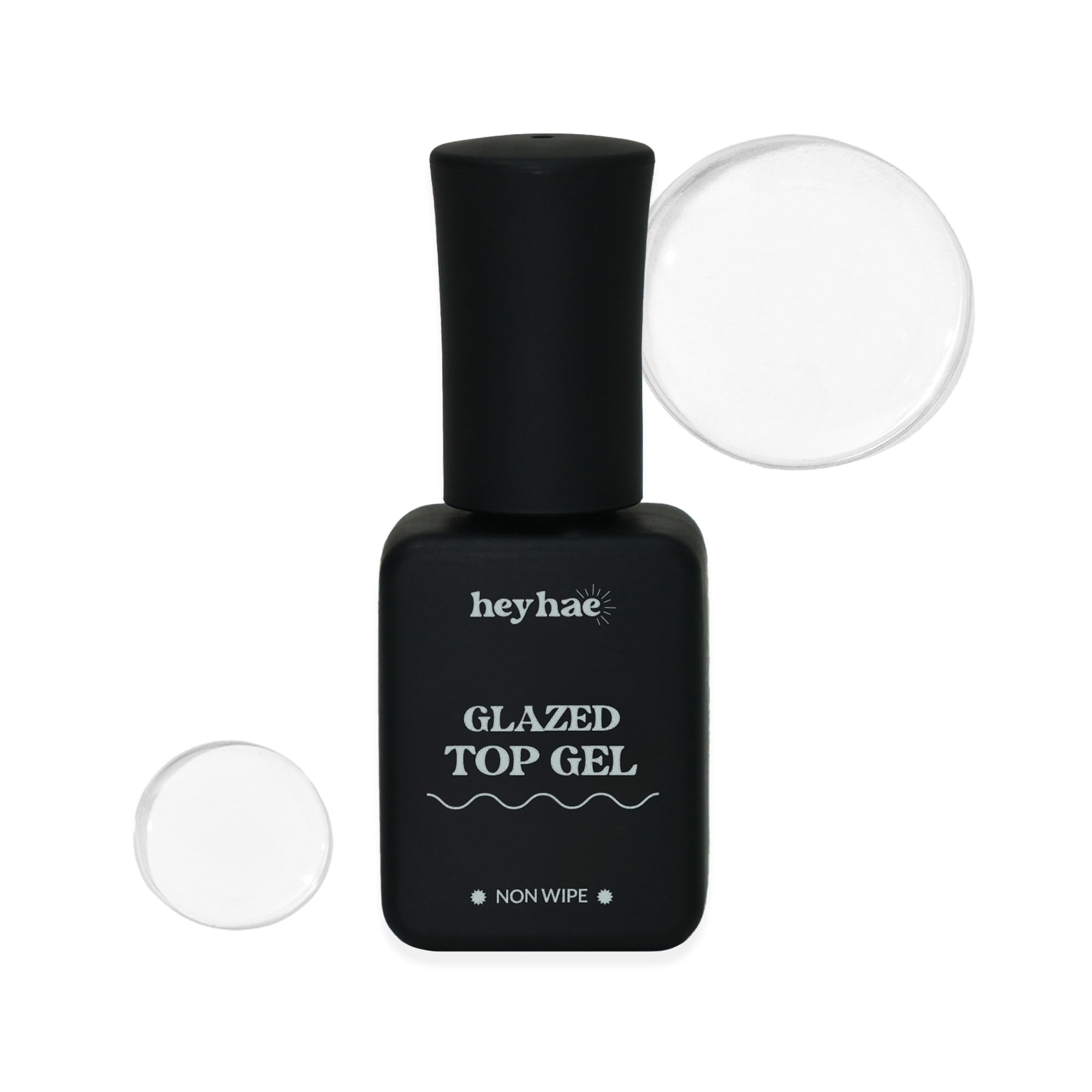 heyhae glazed top gel bottle closeup highlighting salon-grade gloss and fast-dry top coat.