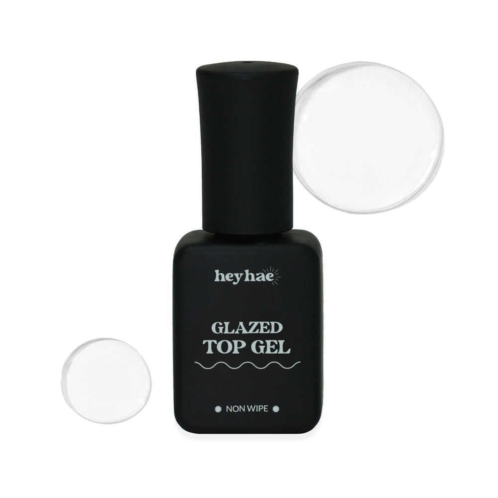 heyhae glazed top gel bottle closeup highlighting salon-grade gloss and fast-dry top coat.