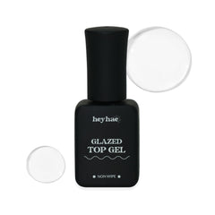 heyhae glazed top gel bottle closeup highlighting salon-grade gloss and fast-dry top coat.