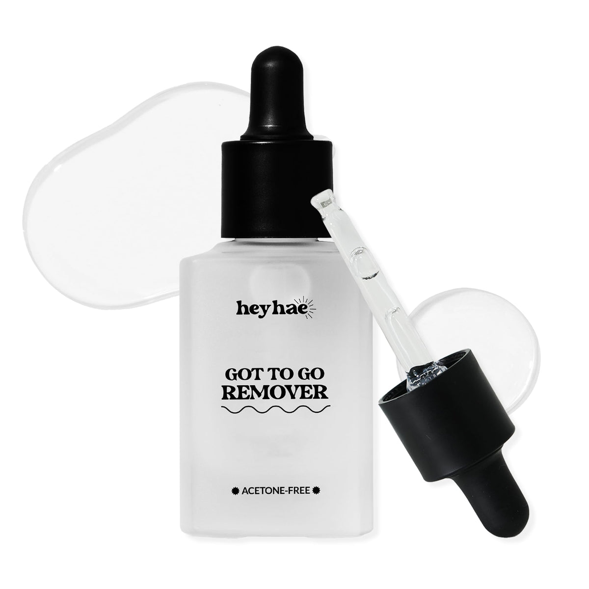 Heyhae Got To Go Remover bottle and dropper shown for precise, gentle application.