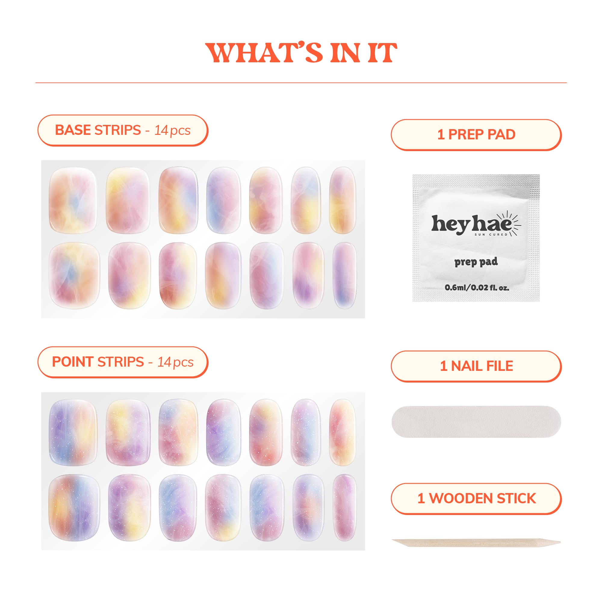 Heyhae nail-strip-package-contents shows 28 strips plus prep pad, file, wooden stick.