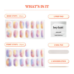 Heyhae nail-strip-package-contents shows 28 strips plus prep pad, file, wooden stick.