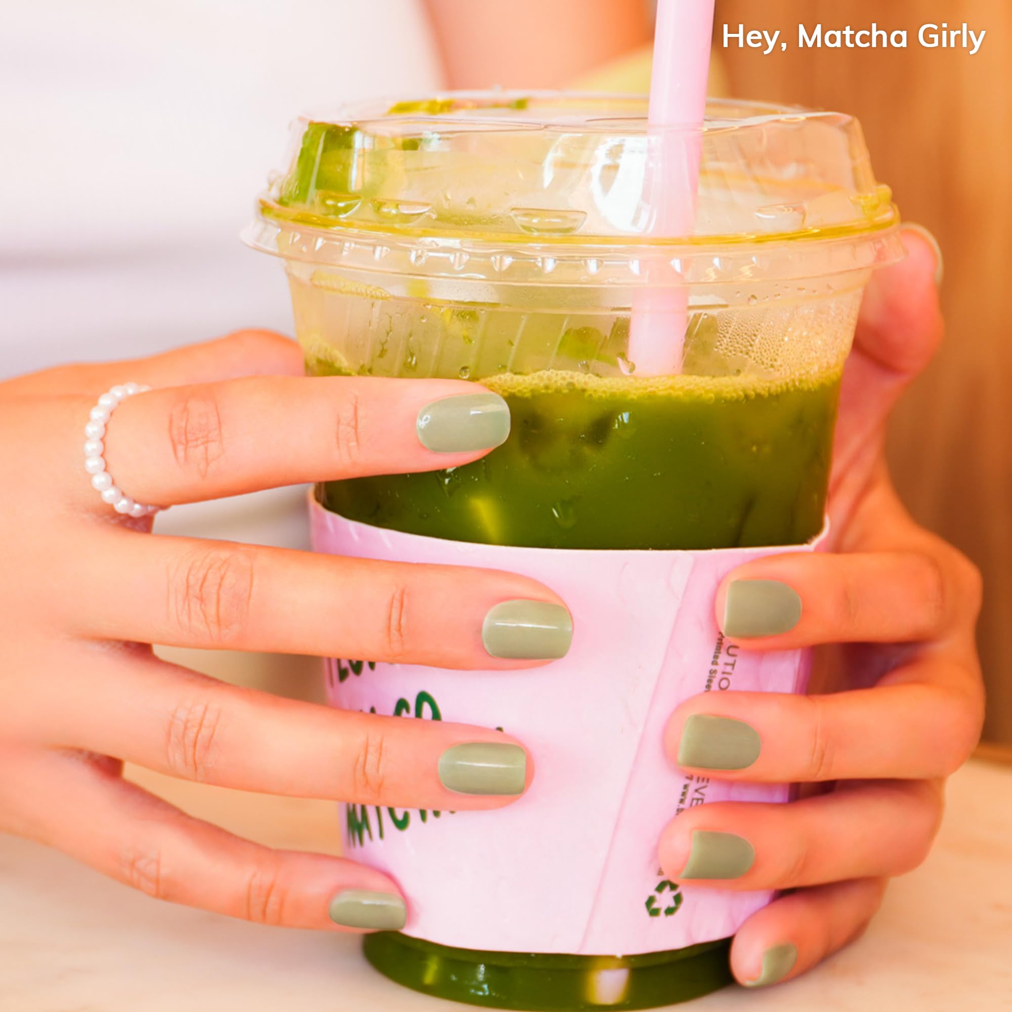 Heyhae gel nail strips close-up in matcha green for chic spring look.