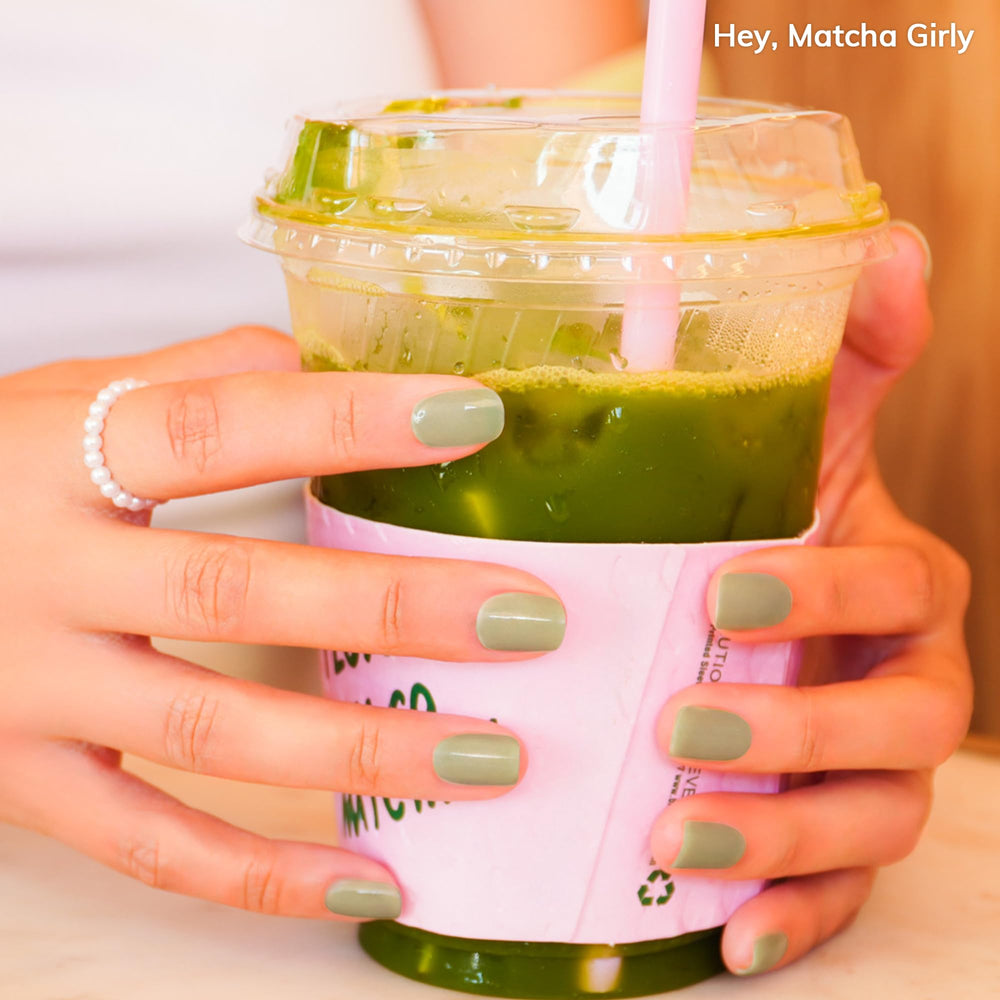 Heyhae gel nail strips close-up in matcha green for chic spring look.