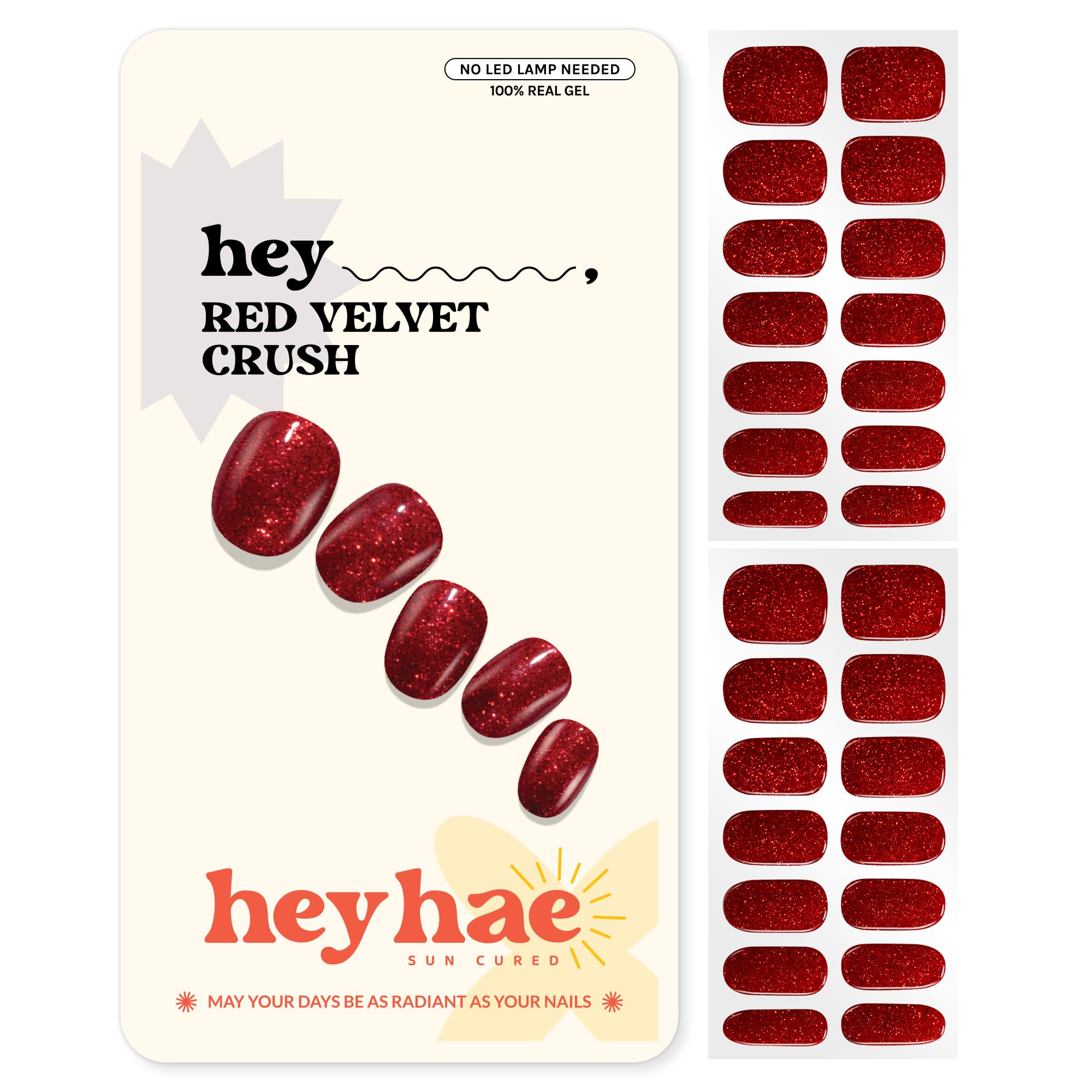 Heyhae semi-cured nail strips in fall red glitter for dazzling nails anywhere.