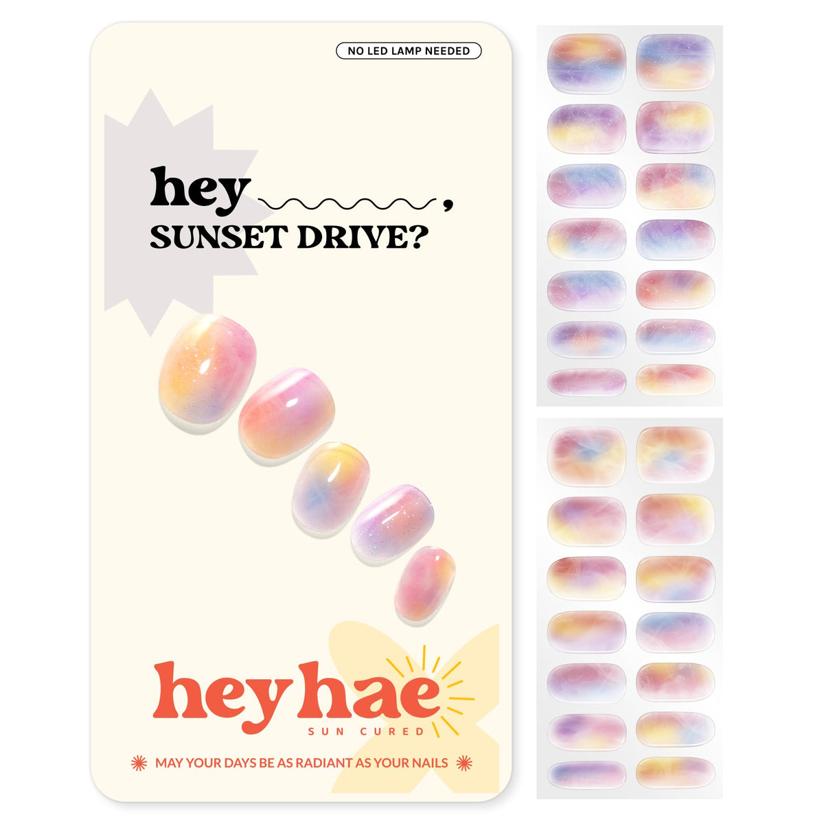 Heyhae semi-cured nail strips marble pink sunset drive deliver salon-quality manicure at home.