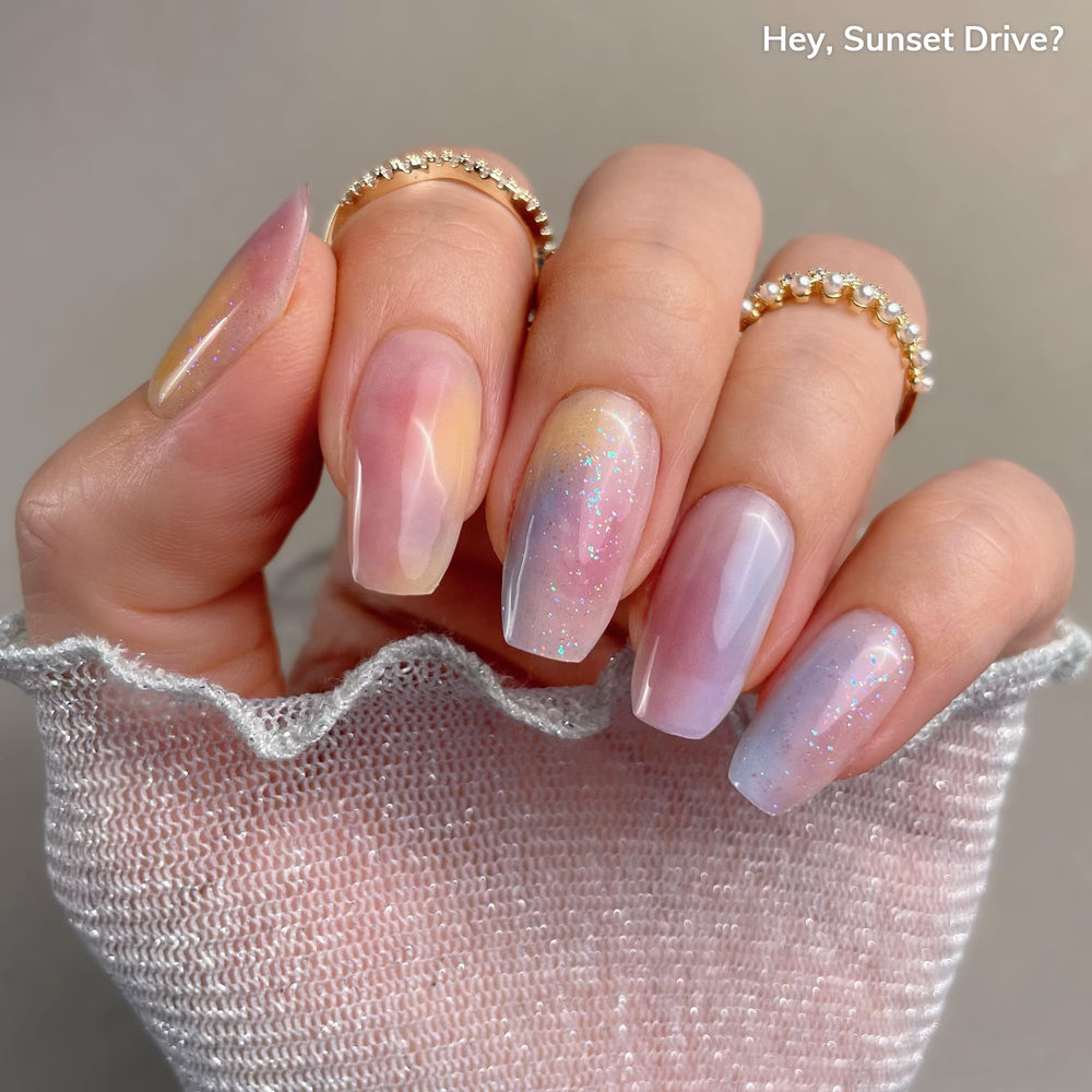 Heyhae semi-cured nail strips no-led-lamp-needed demonstrate easy, quick manicure anywhere.