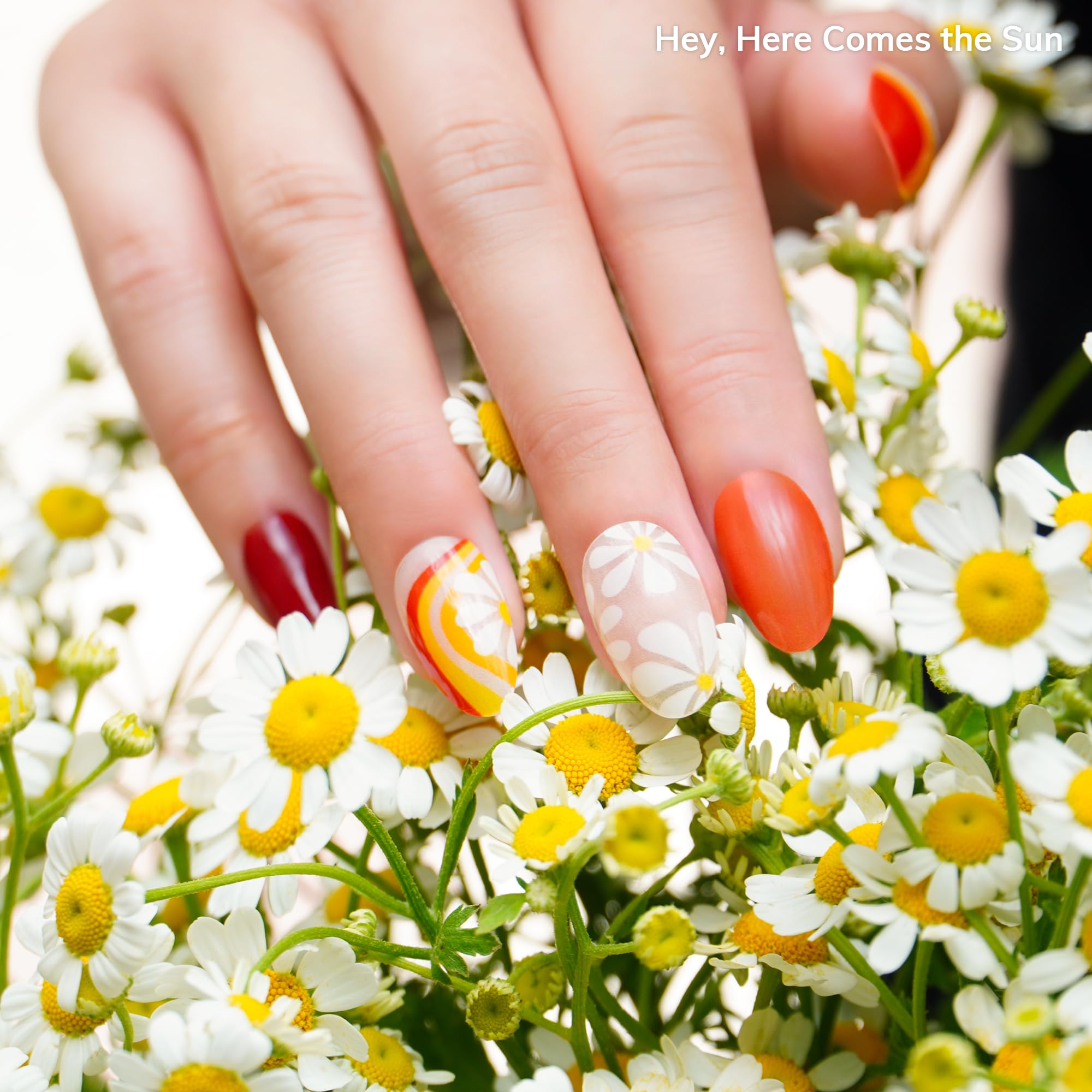 heyhae Summer Floral Red nail strips on nails show vibrant, sun-ready color