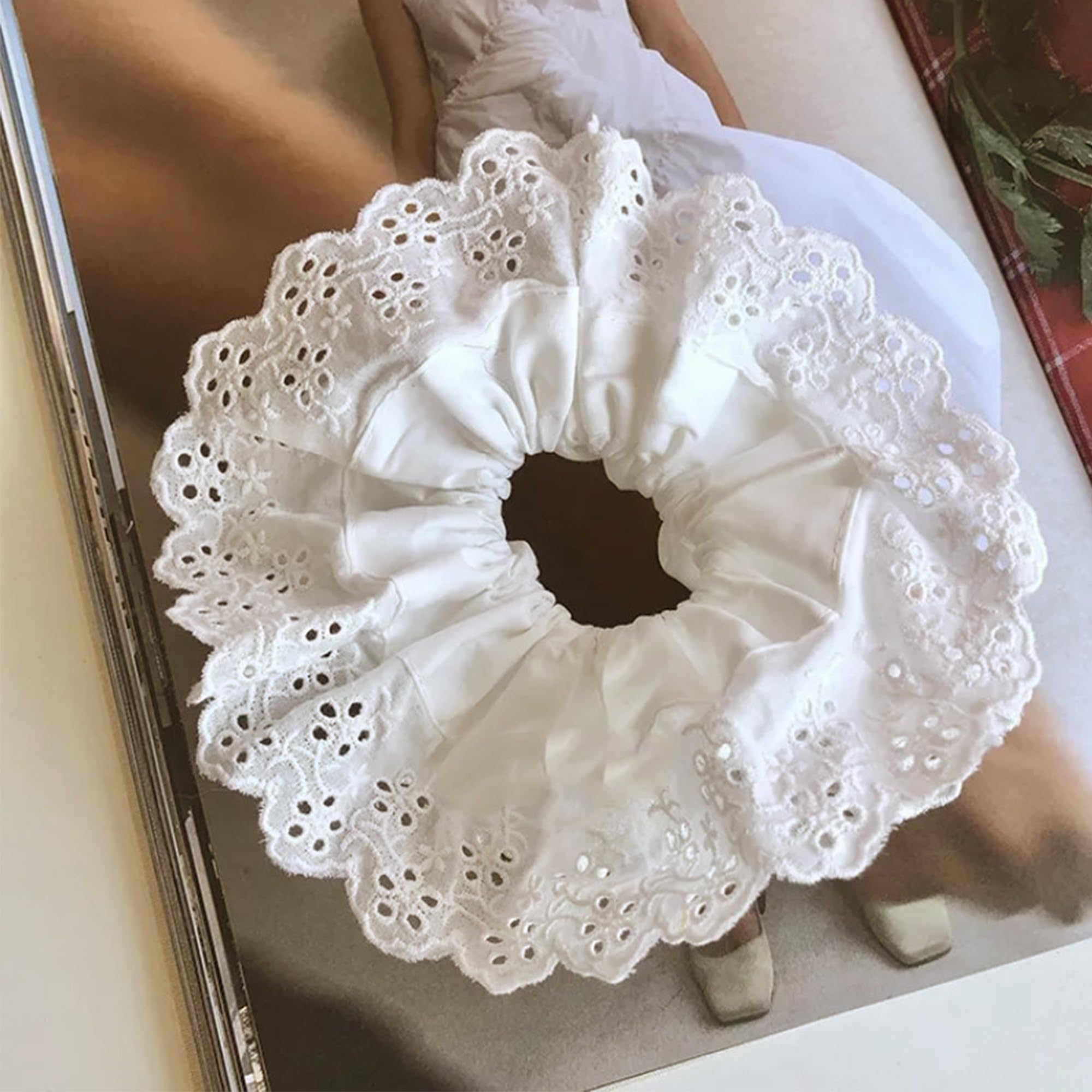 Heyiminy white scrunchie oversized 7inch demonstrates secure ponytails with comfortable stretch.