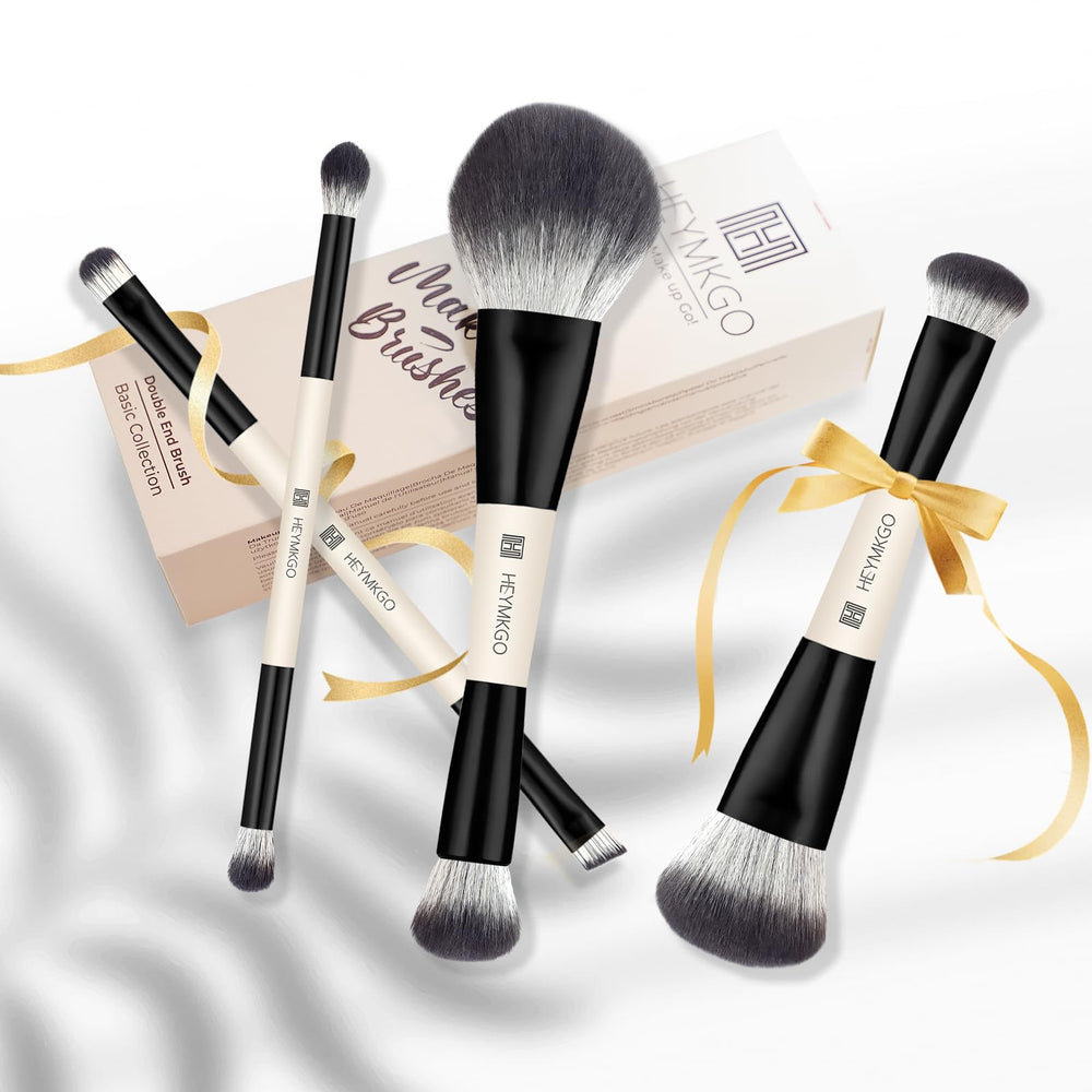 HEYMKGO synthetic-bristles close-up showing non-shedding, easy-clean makeup tools
