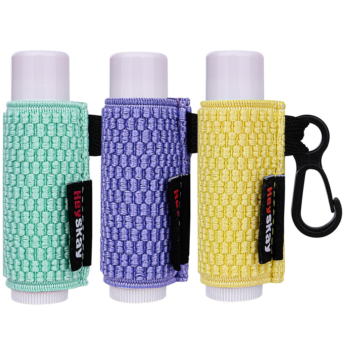 HEYSKAY 3PCS lip balm holder sleeves clipped to a keychain for quick access