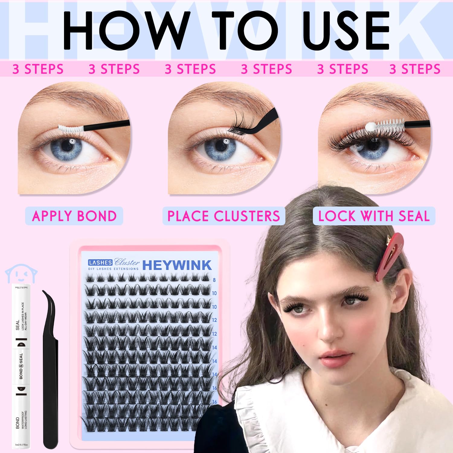 Heywink Lash Clusters Kit all-day comfort with lightweight fibers.