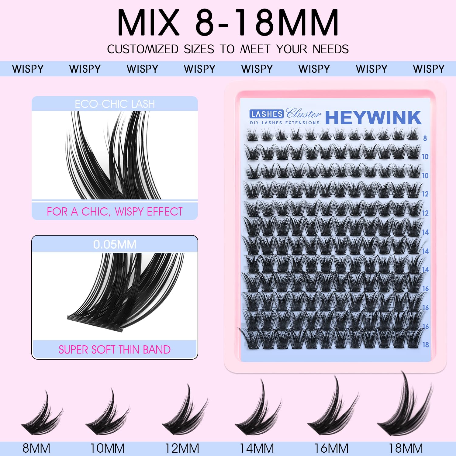 Heywink Lash Clusters Kit inner-8mm close-up showing subtle lift for natural-daytime flutter.