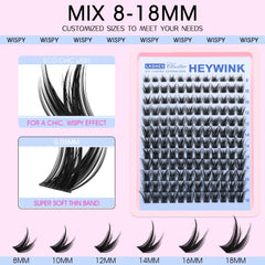 Heywink Lash Clusters Kit inner-8mm close-up showing subtle lift for natural-daytime flutter.