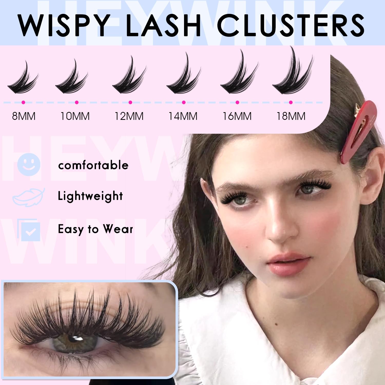 Heywink Lash Clusters Kit outer-18mm wings for dramatic volume and eye-opening finish.