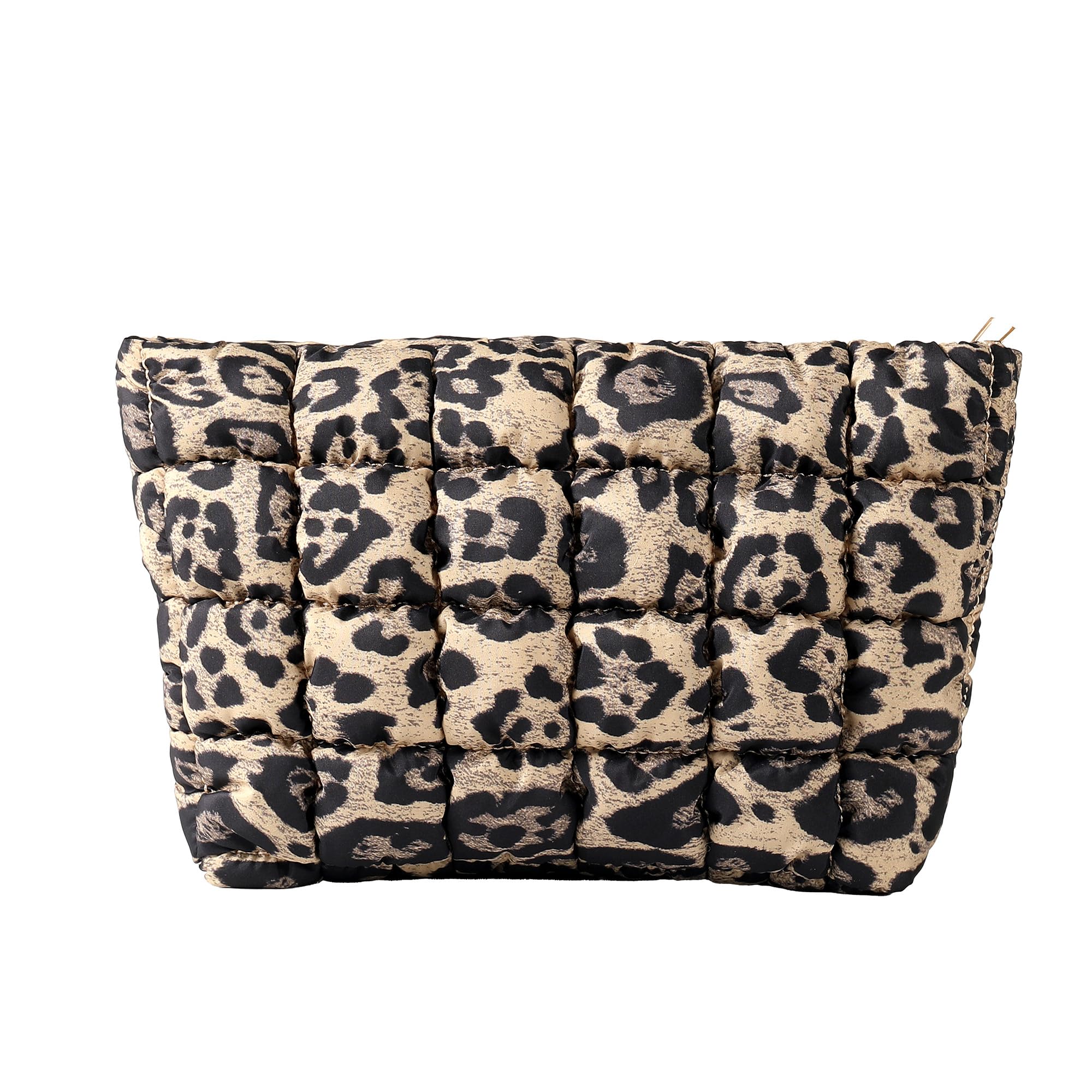 HFLZBRO puffy makeup bag brown leopard, front view for on-the-go organization.